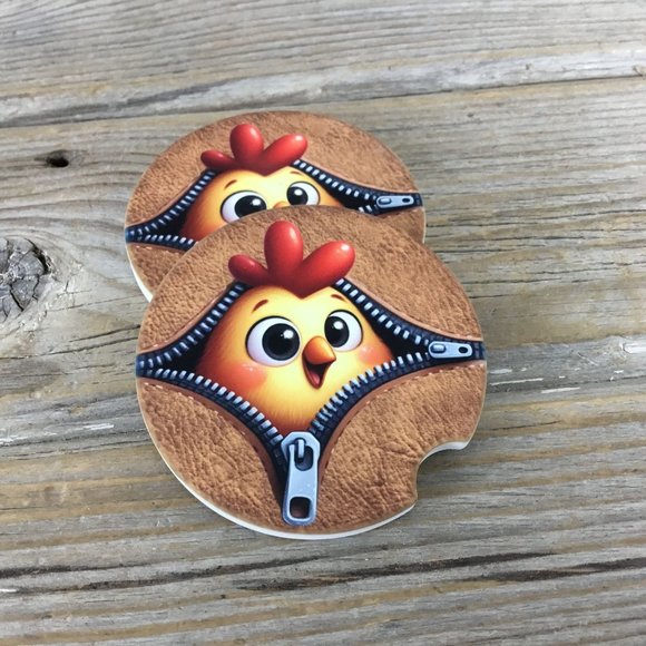 Chicken Peek-a-Boo Zipper Car Coasters Set of 2 - Picture 1 of 6